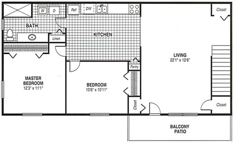 Floor plan for 2 beds, 1 bath, 960 sqft